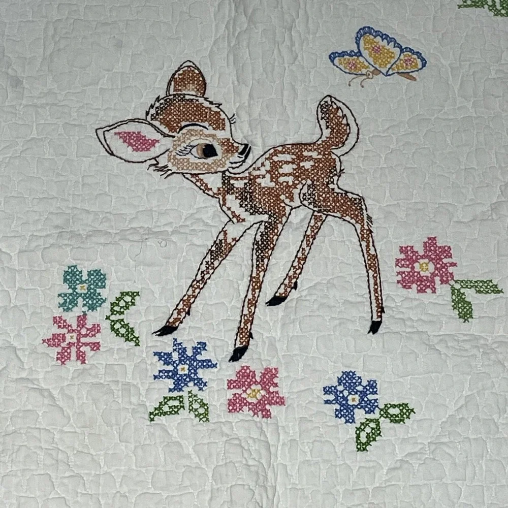 Vintage Bambi Cross Stitch Crib Quilt Handmade Thumper‎ Flower Baby 33 x 52 Inch